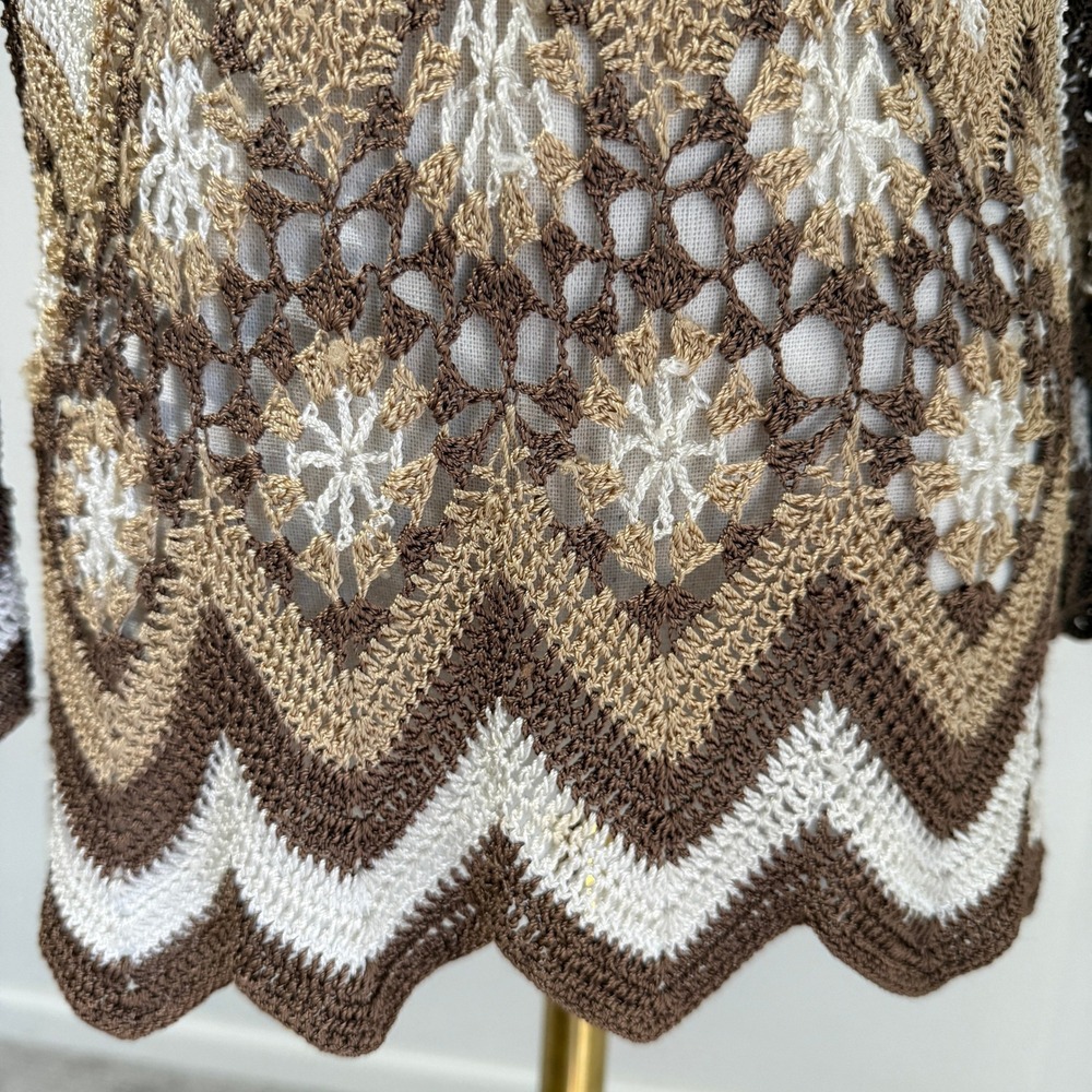 Vintage Silk Blend Crochet Knit Top Sweater Bell Sleeve Cream Brown Small 70s - Picture 5 of 10